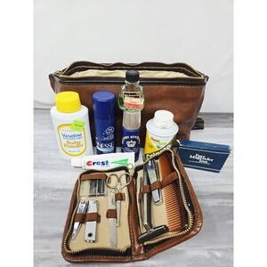 Men's 100% Leather Toiletry Bag With Vintage Contents + Shave Manicure Kit